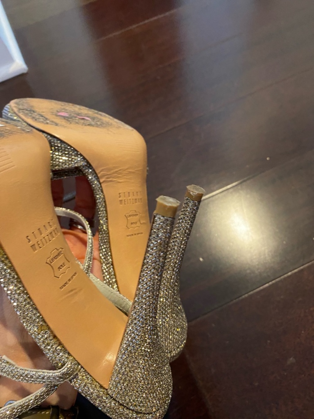 Stuart Weitzman Gold Glitter Open-Toe Strappy Heels - Picture 8 of 8